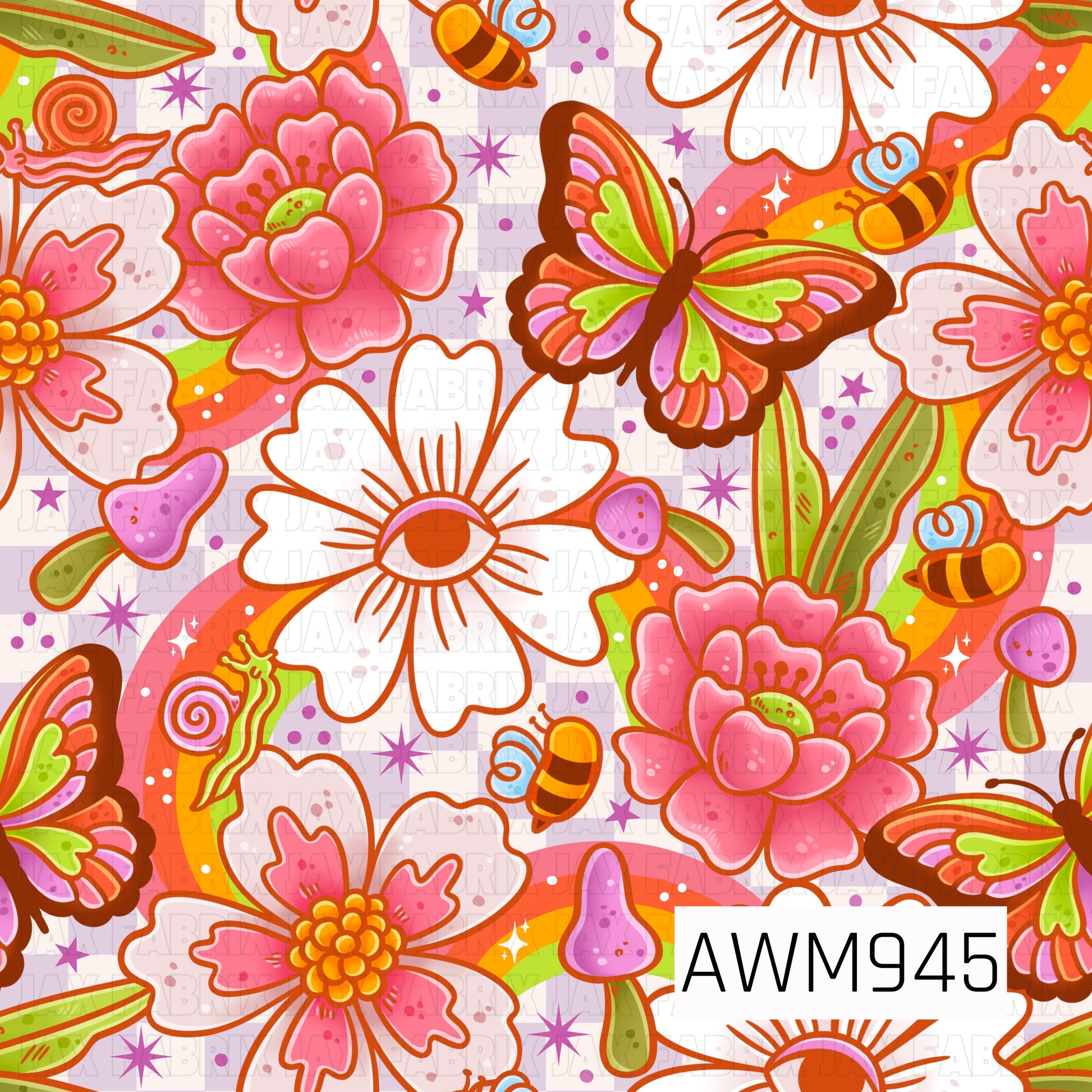 A cheerful seamless fabric design featuring colorful butterflies, blooming flowers, buzzing bees, rainbow accents, whimsical mushrooms, and tiny stars. The bright palette of pink, coral, orange, yellow, lavender, and green creates a playful retro garden aesthetic full of warmth and charm, perfect for quilting cotton, apparel fabrics, and handmade sewing projects.
