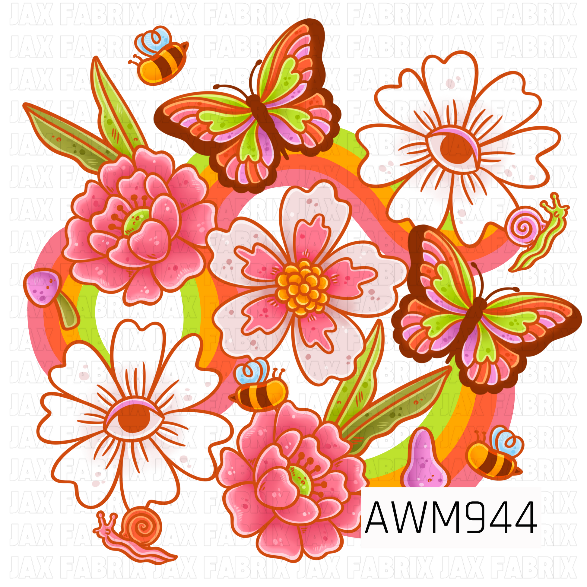 A cheerful fabric design featuring colorful butterflies, blooming flowers, buzzing bees, rainbow accents, and whimsical garden details. The bright palette of pink, coral, orange, yellow, lavender, and green creates a playful retro floral aesthetic full of warmth and charm, perfect for quilting cotton, apparel fabrics, and handmade sewing projects.
