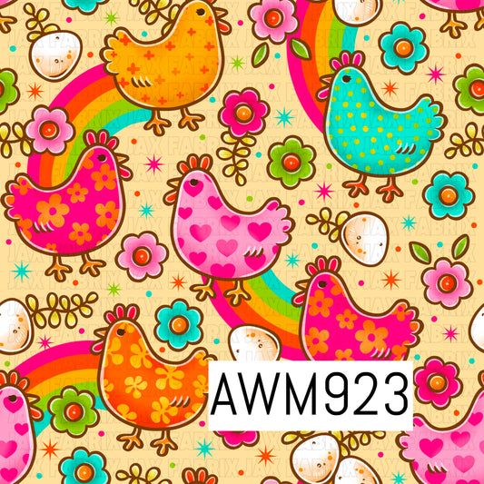 This file features a cheerful farmhouse-inspired chicken pattern on a warm cream background. The design includes colorful hens decorated with flowers, hearts, polka dots, and bright patterns, surrounded by blooming flowers, leafy vines, eggs, rainbow accents, and whimsical starbursts. Vibrant shades of pink, orange, turquoise, green, and yellow create a playful country aesthetic, making it perfect for spring, farm-themed, and cottagecore fabric, bow, and accessory projects.