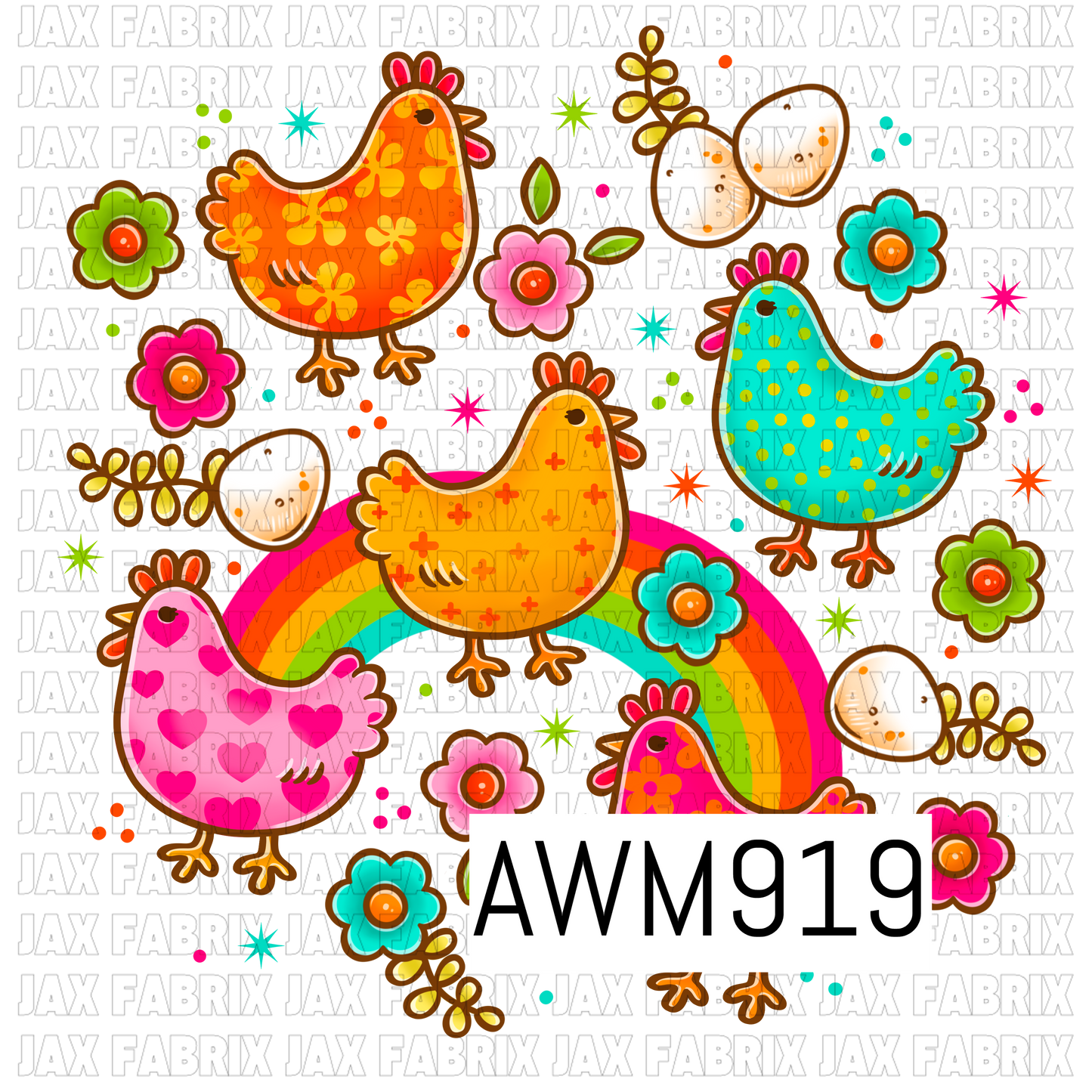 This PNG file features a playful farmhouse-inspired chicken design with brightly colored hens decorated in flowers, hearts, polka dots, and whimsical patterns. The artwork is accented with eggs, flowers, leafy sprigs, rainbow elements, and colorful starbursts in vibrant shades of pink, orange, yellow, turquoise, and green. Designed with a transparent background, this PNG is perfect for layering onto custom projects, including sublimation designs, apparel, bows, accessories, and farm-themed crafts.