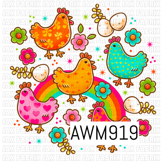 This PNG file features a playful farmhouse-inspired chicken design with brightly colored hens decorated in flowers, hearts, polka dots, and whimsical patterns. The artwork is accented with eggs, flowers, leafy sprigs, rainbow elements, and colorful starbursts in vibrant shades of pink, orange, yellow, turquoise, and green. Designed with a transparent background, this PNG is perfect for layering onto custom projects, including sublimation designs, apparel, bows, accessories, and farm-themed crafts.
