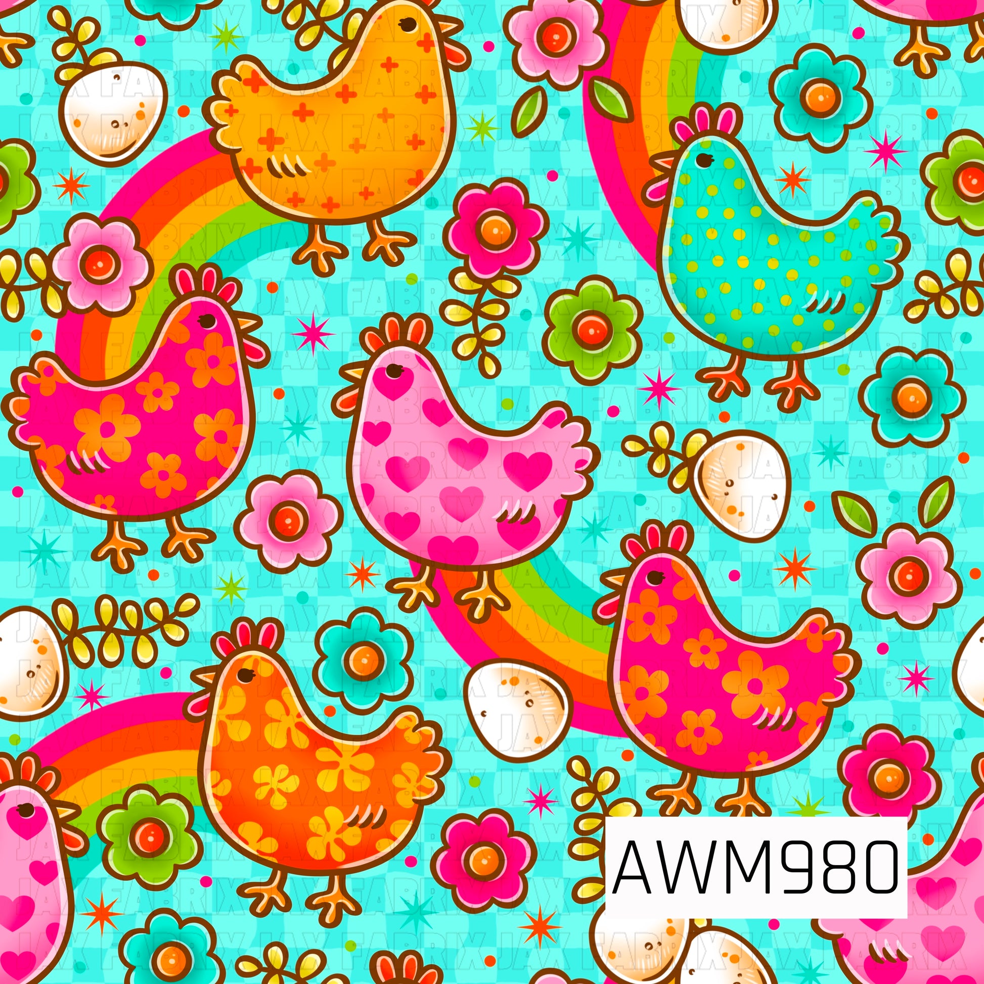 This cheerful seamless pattern features colorful retro-style chickens decorated with flowers, hearts, polka dots, and bright prints, surrounded by blooming flowers, eggs, leafy sprigs, rainbow accents, and sparkling stars. Set against a vibrant teal checkered background, the design combines bold shades of pink, orange, yellow, green, and blue for a fun and whimsical farmhouse-inspired look. Perfect for fabric, accessories, kitchen décor, and handmade projects.
