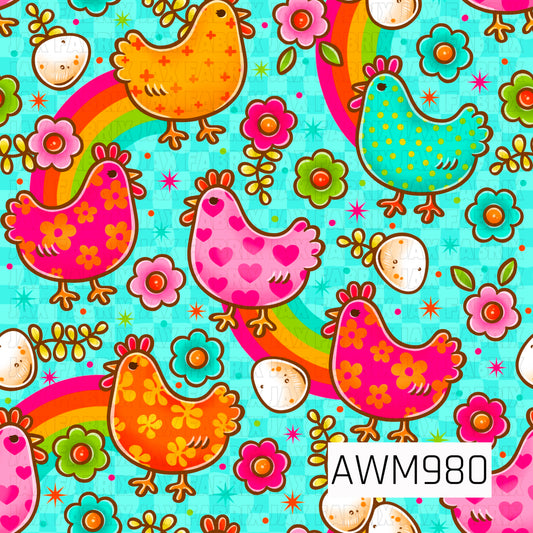 This cheerful seamless pattern features colorful retro-style chickens decorated with flowers, hearts, polka dots, and bright prints, surrounded by blooming flowers, eggs, leafy sprigs, rainbow accents, and sparkling stars. Set against a vibrant teal checkered background, the design combines bold shades of pink, orange, yellow, green, and blue for a fun and whimsical farmhouse-inspired look. Perfect for fabric, accessories, kitchen décor, and handmade projects.
