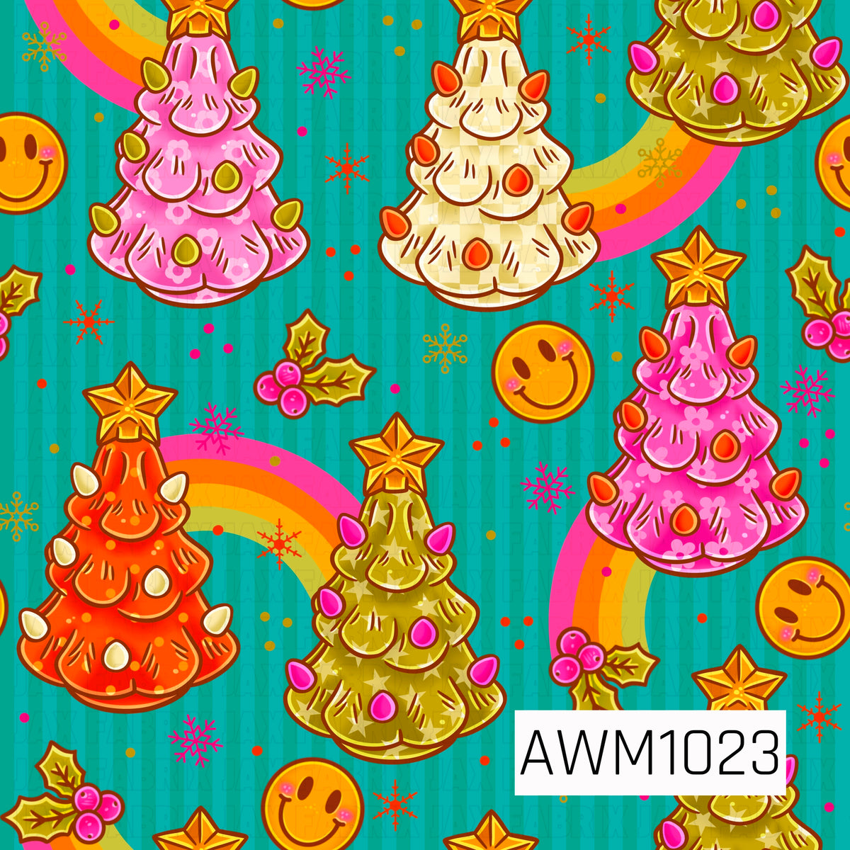 A groovy retro Christmas pattern featuring colorful holiday trees in pink, orange, olive green, and cream, topped with golden stars. Bright rainbows, smiley faces, holly berries, snowflakes, and scattered dots pop against a teal striped background for a fun, vibrant holiday look.