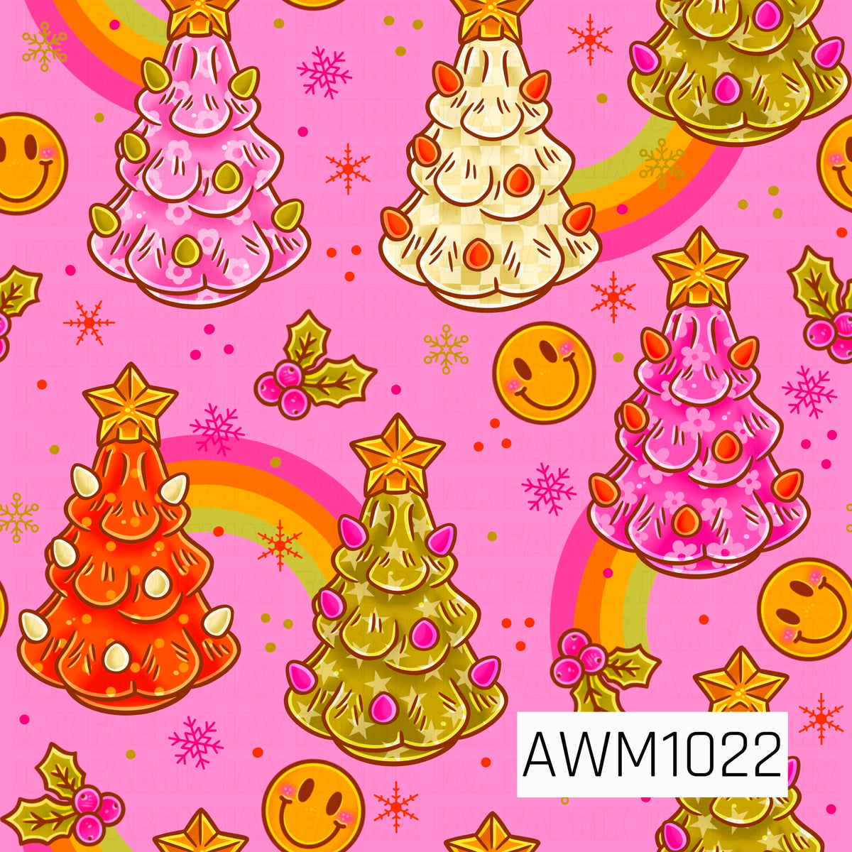 A groovy retro Christmas pattern featuring colorful holiday trees in pink, orange, olive green, and cream, topped with golden stars. Rainbows, smiley faces, holly berries, snowflakes, and scattered dots pop against a bright pink background for a fun, colorful holiday look.