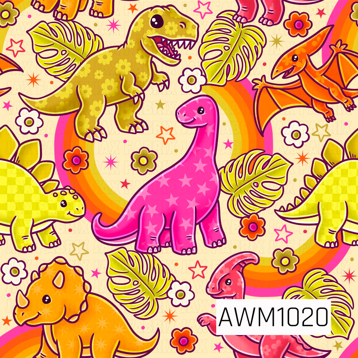A bright retro dinosaur pattern featuring playful dinosaurs in bold pink, orange, and lime green. Groovy rainbows, tropical leaves, colorful flowers, and scattered stars fill the cream background for a fun, vibrant prehistoric design.