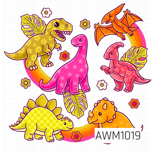 A bright retro dinosaur PNG featuring playful dinosaurs in bold pink, orange, and lime green. Tropical leaves, colorful flowers, stars, and groovy rainbow accents give the design a fun, whimsical prehistoric feel.