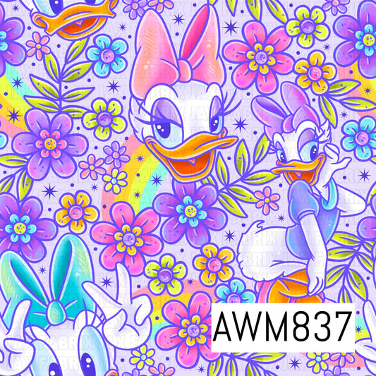 Vibrant retro-inspired seamless pattern featuring cheerful cartoon ducks, colorful flowers, leafy branches, rainbow accents, and sparkling stars on a soft lavender background. Designed in a playful palette of purple, pink, turquoise, yellow, and lime green, this whimsical floral design blends nostalgic charm with groovy springtime aesthetics, making it perfect for fabrics, faux leather, bows, accessories, and crafting projects.