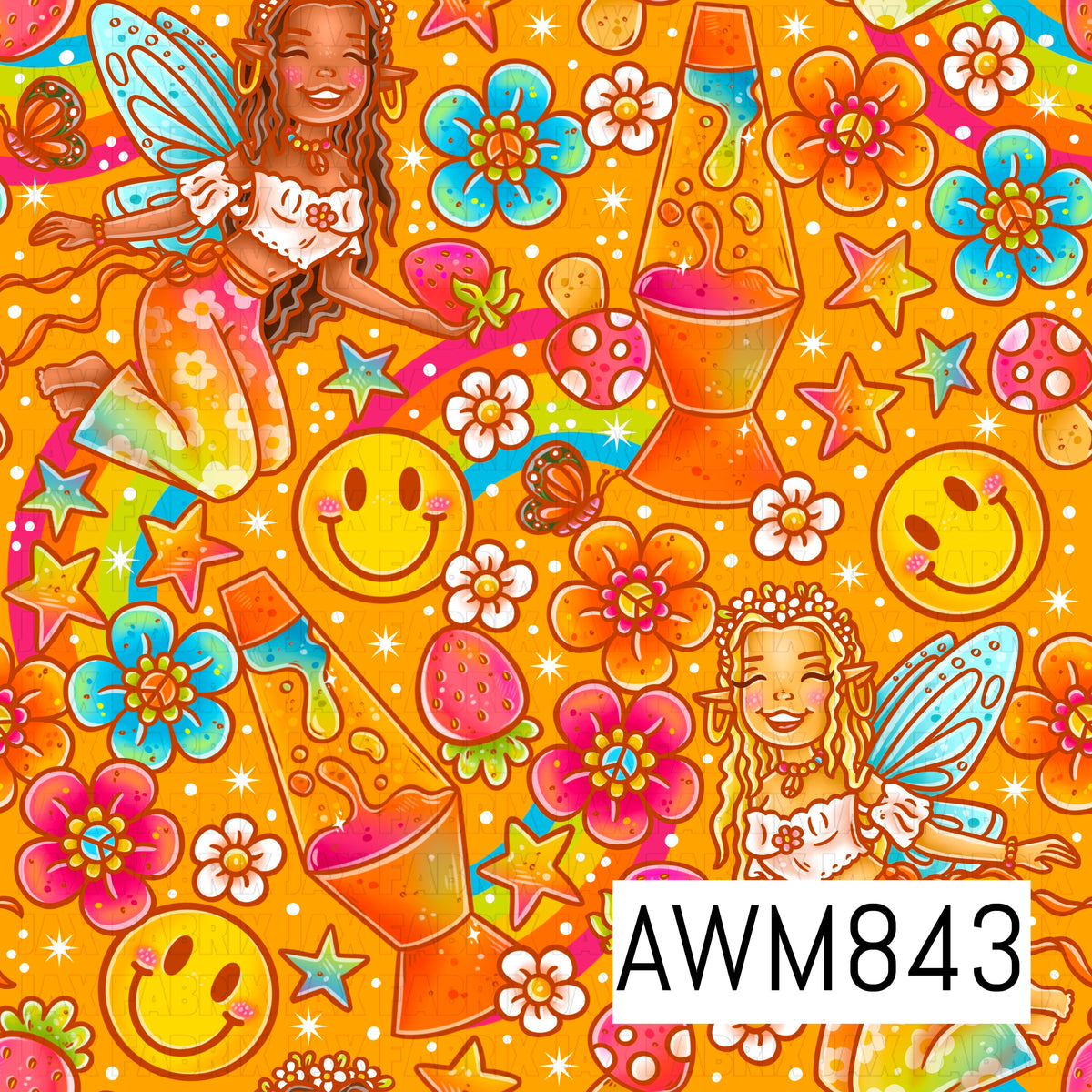 Bright retro-inspired seamless pattern featuring whimsical fairy girls with blue wings, colorful flowers, strawberries, lava lamps, smiley faces, mushrooms, stars, butterflies, and rainbow accents on a vibrant orange background. The design combines groovy 1970s aesthetics with fantasy elements, using bold pink, turquoise, yellow, and orange tones to create a cheerful, playful, psychedelic look perfect for fabrics, faux leather, bows, and crafting projects.