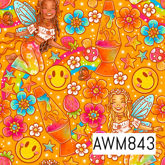 Bright retro-inspired seamless pattern featuring whimsical fairy girls with blue wings, colorful flowers, strawberries, lava lamps, smiley faces, mushrooms, stars, butterflies, and rainbow accents on a vibrant orange background. The design combines groovy 1970s aesthetics with fantasy elements, using bold pink, turquoise, yellow, and orange tones to create a cheerful, playful, psychedelic look perfect for fabrics, faux leather, bows, and crafting projects.