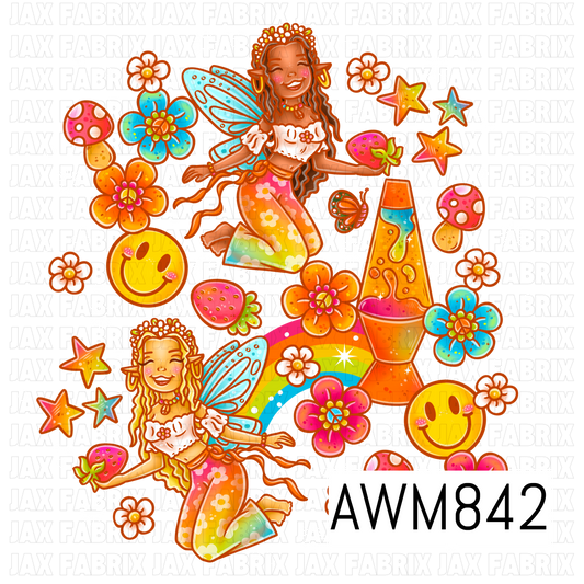 Whimsical retro fairy clipart collection featuring two smiling winged fairy girls with flowing hair, strawberries, rainbow accents, lava lamp, colorful flowers, mushrooms, smiley faces, stars, butterflies, and sparkling details. Designed in a vibrant 1970s-inspired color palette of orange, pink, turquoise, yellow, and white, this playful boho-fantasy arrangement is perfect for crafting, sublimation, bow making, stickers, and fabric designs.