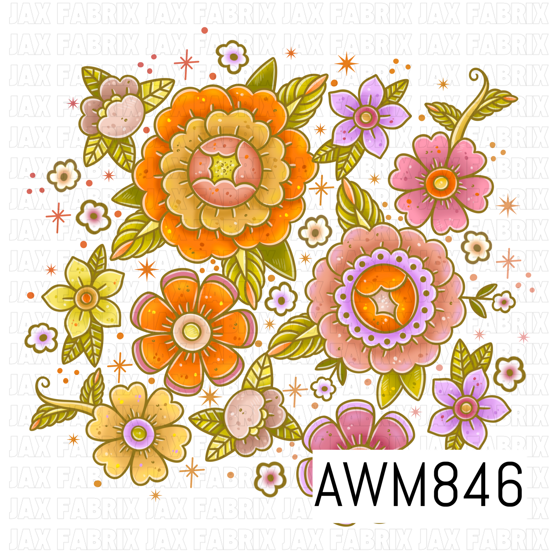 A retro-inspired floral PNG cluster featuring layered flowers in warm shades of orange, peach, pink, cream, and lavender, accented with olive-green leaves and curling vines. The arrangement includes large focal blooms, small blossoms, and scattered starburst sparkles with dotted details, creating a whimsical vintage garden aesthetic. Designed on a transparent background, this decorative floral composition is perfect for autumn, boho, and folk-art themed projects.