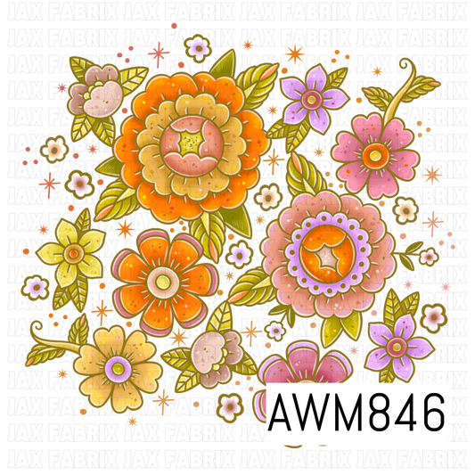 A retro-inspired floral PNG cluster featuring layered flowers in warm shades of orange, peach, pink, cream, and lavender, accented with olive-green leaves and curling vines. The arrangement includes large focal blooms, small blossoms, and scattered starburst sparkles with dotted details, creating a whimsical vintage garden aesthetic. Designed on a transparent background, this decorative floral composition is perfect for autumn, boho, and folk-art themed projects.