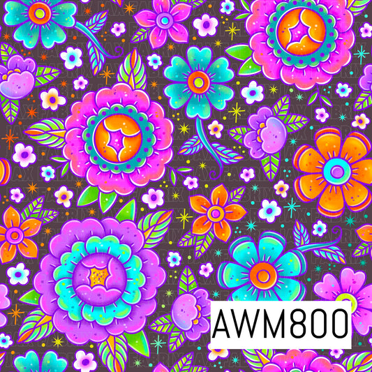 A vibrant seamless pattern featuring bold retro flowers, leafy stems, tiny blossoms, and sparkling starbursts in bright shades of purple, teal, orange, pink, and lime green. Set against a dark background, the playful floral design has a colorful groovy aesthetic with whimsical details throughout.