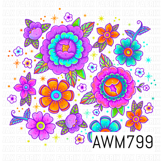 A vibrant PNG featuring bold retro-inspired flowers, leafy stems, tiny blossoms, and sparkling starbursts in bright shades of purple, teal, orange, pink, and lime green. The whimsical floral artwork has a colorful groovy aesthetic with playful layered details.