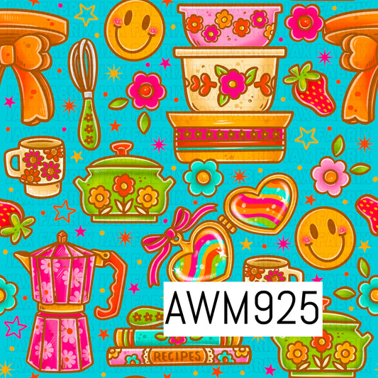 This file features a bright retro-inspired kitchen and cottagecore pattern on a vibrant turquoise background. The design includes colorful floral cookware, mixing bowls, mugs, a whisk, a moka pot, a recipe book, strawberries, smiley faces, flowers, and rainbow heart ornaments. The artwork uses bold pink, orange, yellow, and green tones with playful starbursts scattered throughout, creating a cheerful 1970s-inspired aesthetic perfect for fabric, bows, accessories, and home-themed crafts.