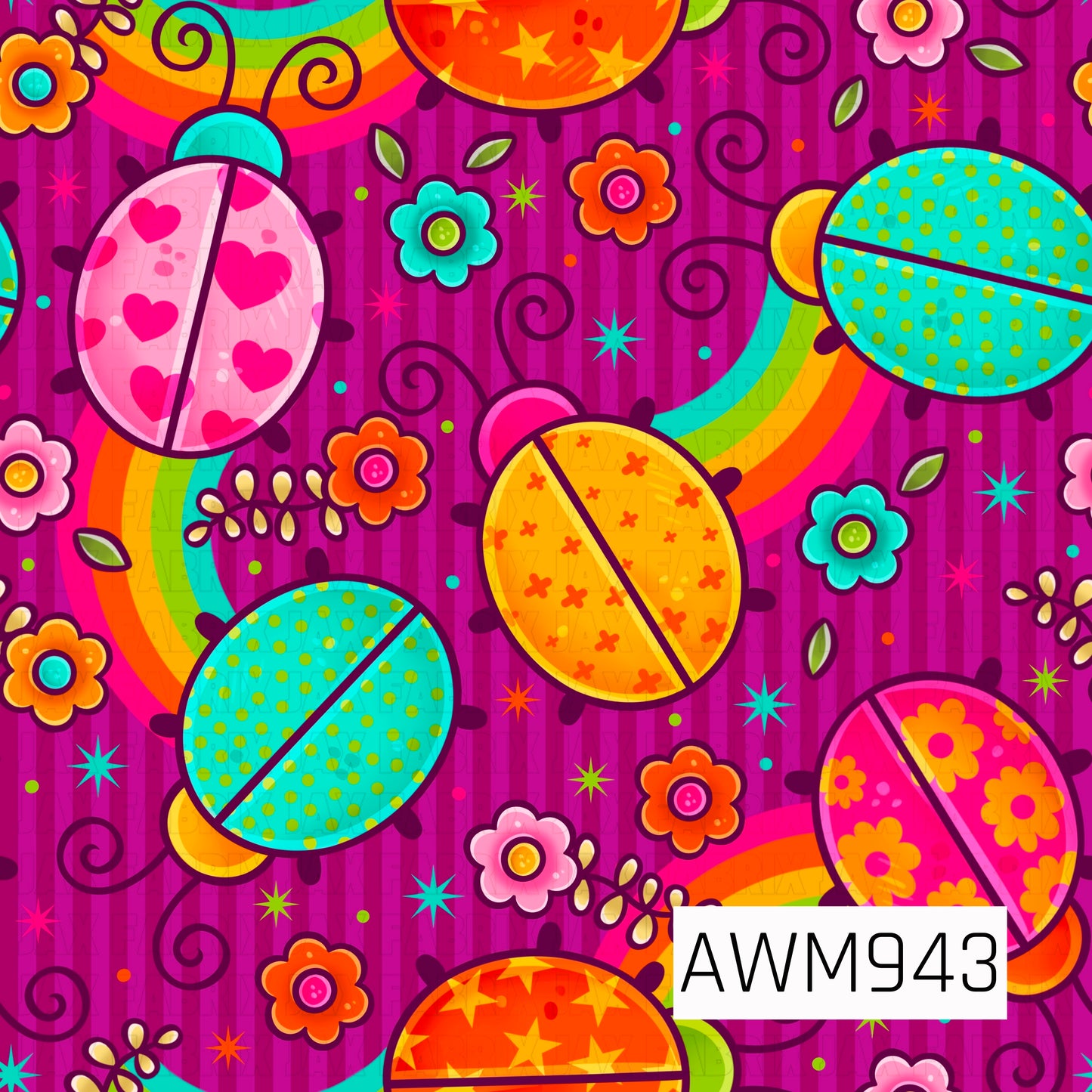 A vibrant seamless fabric design featuring colorful ladybugs, rainbow accents, cheerful flowers, swirling vines, and sparkling stars. The bold palette of magenta, pink, turquoise, orange, yellow, and lime green creates a playful retro garden aesthetic bursting with color and whimsy, perfect for quilting cotton, apparel fabrics, and handmade sewing projects.
