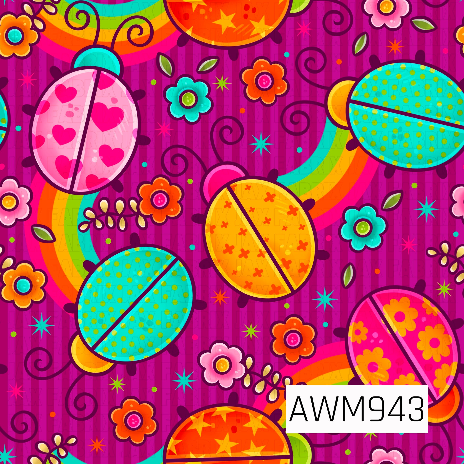 A vibrant seamless fabric design featuring colorful ladybugs, rainbow accents, cheerful flowers, swirling vines, and sparkling stars. The bold palette of magenta, pink, turquoise, orange, yellow, and lime green creates a playful retro garden aesthetic bursting with color and whimsy, perfect for quilting cotton, apparel fabrics, and handmade sewing projects.
