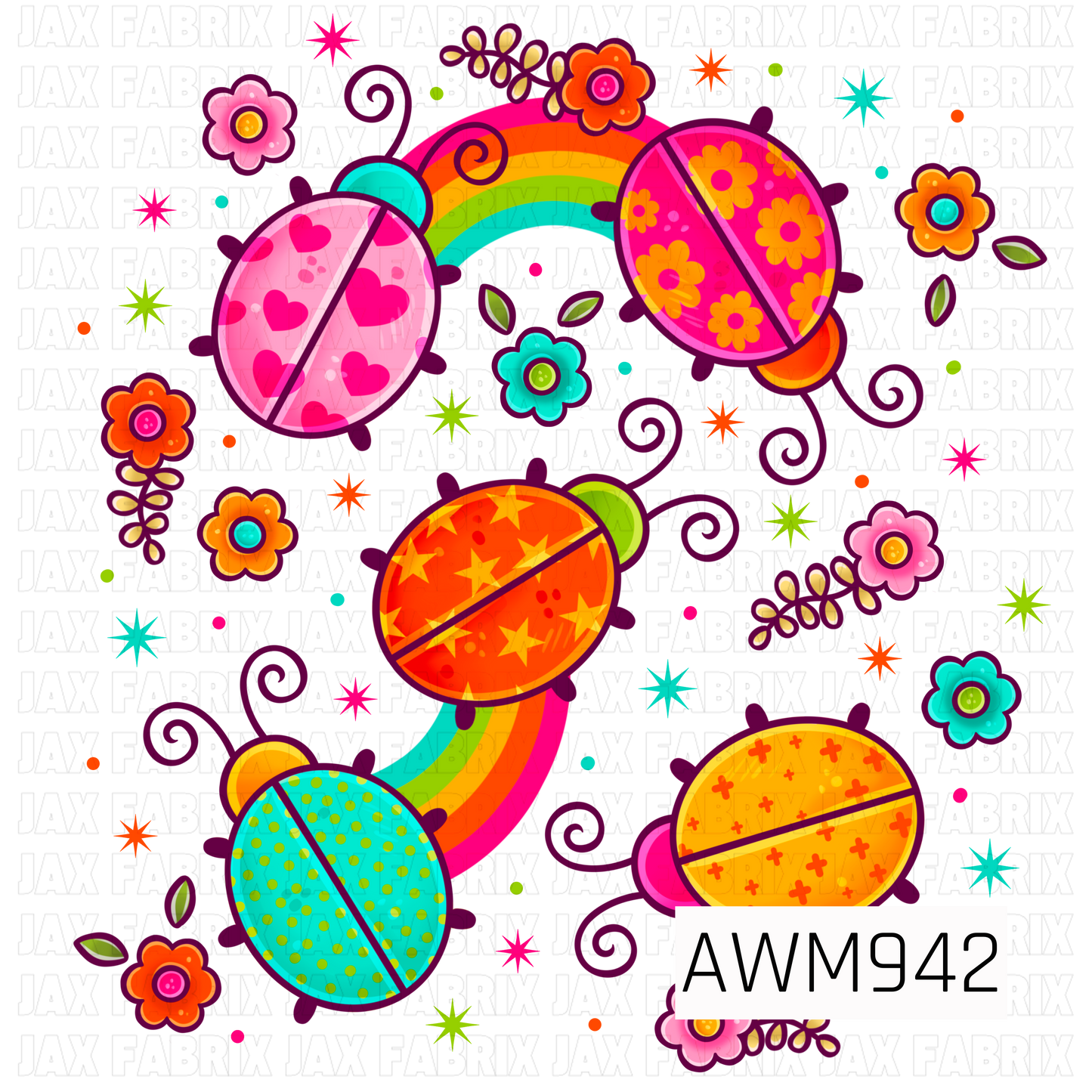A colorful sublimation design featuring vibrant patterned ladybugs, bright rainbow arches, playful flowers, swirling vines, and scattered stars. The bold pink, orange, yellow, turquoise, and lime green palette creates a cheerful, retro-inspired look perfect for spring and summer apparel, accessories, home décor, and personalized gifts.

