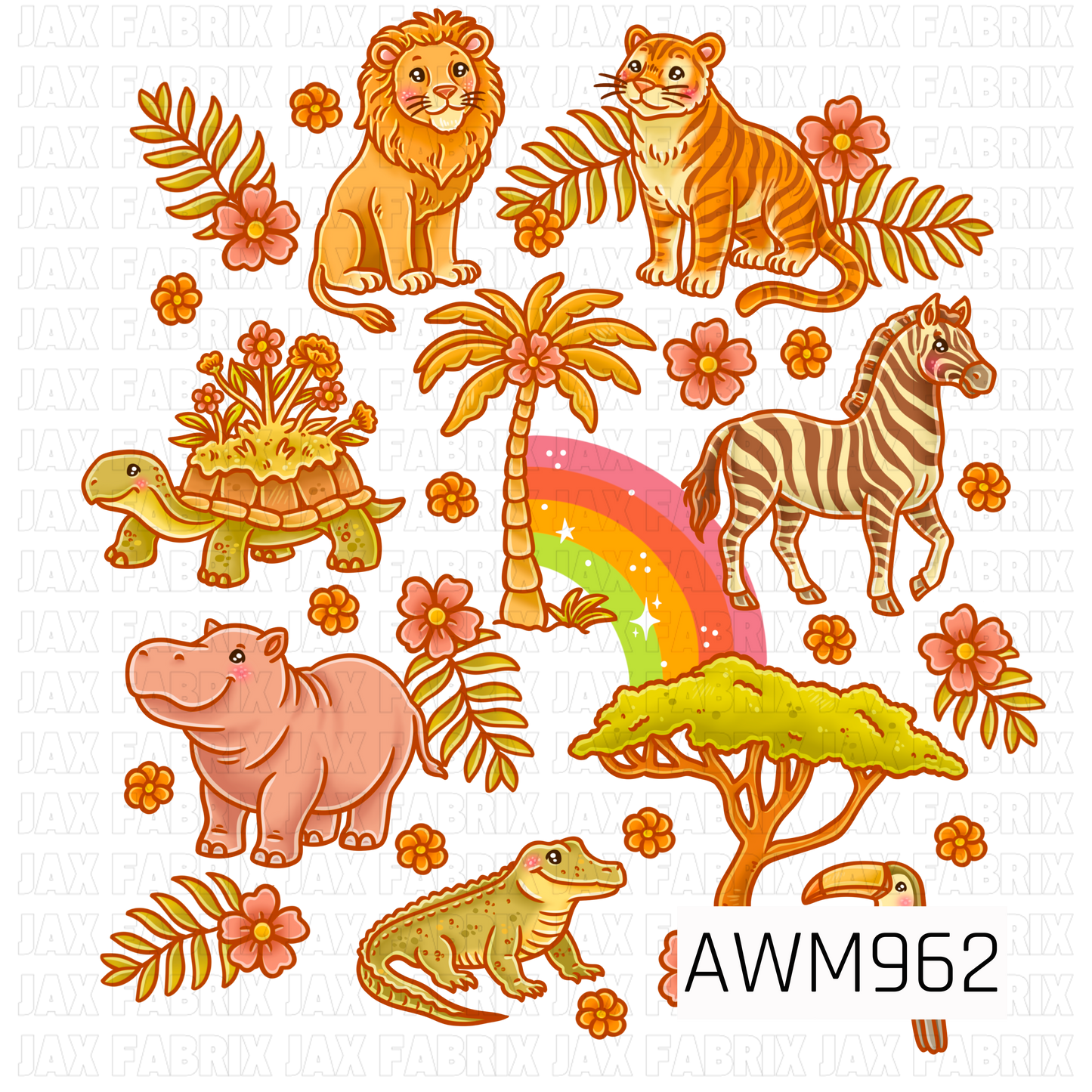 This safari-themed sublimation design features adorable jungle animals including a lion, tiger, zebra, hippopotamus, crocodile, tortoise, and toucan, accented with tropical leaves, flowers, palm trees, an acacia tree, and a colorful rainbow. Designed in warm shades of gold, orange, brown, green, and soft pink, the playful artwork creates a charming wildlife adventure theme. Perfect for sublimating onto t-shirts, tote bags, pillows, and other custom creations.
