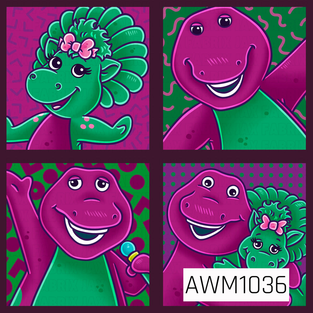 A bold, retro-inspired design featuring a cheerful purple dinosaur and his adorable green dinosaur friend with a pink bow. Four colorful squares showcase the characters in playful poses, surrounded by vibrant pink and green geometric shapes, squiggles, and polka dots. Deep plum borders separate each square, giving the design a fun, nostalgic look.