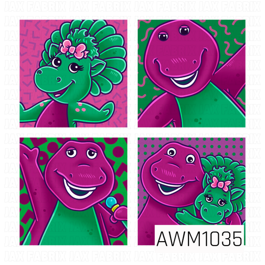 A vibrant retro-style PNG featuring four colorful squares with a cheerful purple dinosaur and his adorable green dinosaur friend wearing a pink bow. Each square showcases a different playful pose with bold geometric shapes, squiggles, and polka dots in bright shades of pink, purple, and green. Perfect for fun, nostalgic crafting projects!