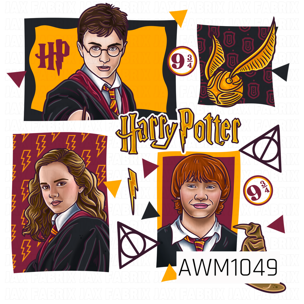 A bold, retro-inspired Harry Potter PNG featuring illustrated portraits of Harry, Hermione, and Ron in their Hogwarts robes, surrounded by magical details. The design includes a golden snitch, sorting hat, lightning bolts, Deathly Hallows symbols, Platform 9¾ signs, and vintage-style Harry Potter lettering. Rich shades of burgundy, golden yellow, and black give this whimsical design a nostalgic, magical feel.