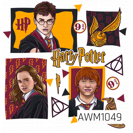 A bold, retro-inspired Harry Potter PNG featuring illustrated portraits of Harry, Hermione, and Ron in their Hogwarts robes, surrounded by magical details. The design includes a golden snitch, sorting hat, lightning bolts, Deathly Hallows symbols, Platform 9¾ signs, and vintage-style Harry Potter lettering. Rich shades of burgundy, golden yellow, and black give this whimsical design a nostalgic, magical feel.