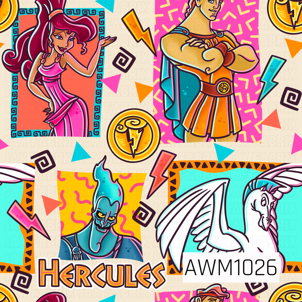 A bold retro Greek mythology pattern featuring colorful heroic characters, a winged horse, lightning bolts, golden medallions, and geometric accents. Bright pink, teal, orange, and yellow details stand out against a warm cream background for a fun, energetic design.