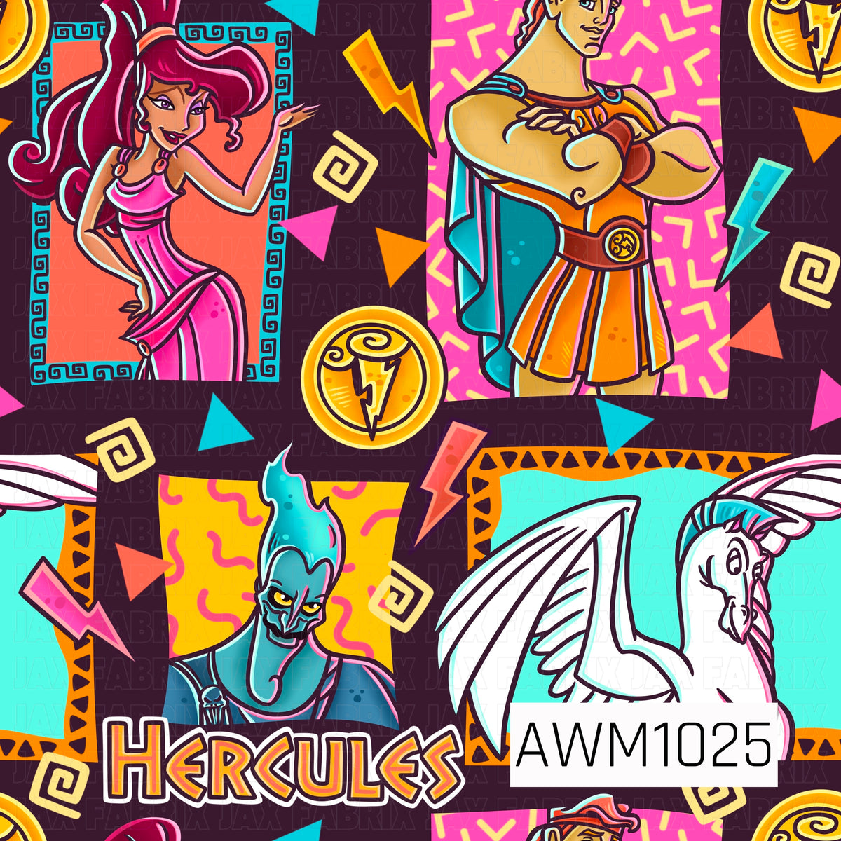 A bold retro Greek mythology pattern featuring colorful heroic characters, a winged horse, lightning bolts, golden medallions, and geometric accents. Bright pink, teal, orange, and yellow details pop against a deep maroon background for a fun, energetic design.