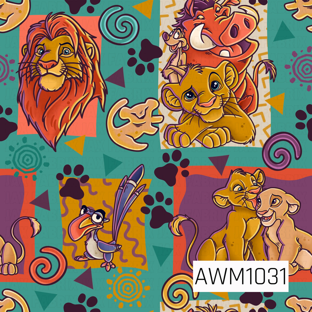 A bold retro safari pattern featuring playful lions and their animal friends in warm golden, orange, and earthy tones. Paw prints, geometric shapes, swirls, and tribal-inspired accents are scattered across a rich teal background.