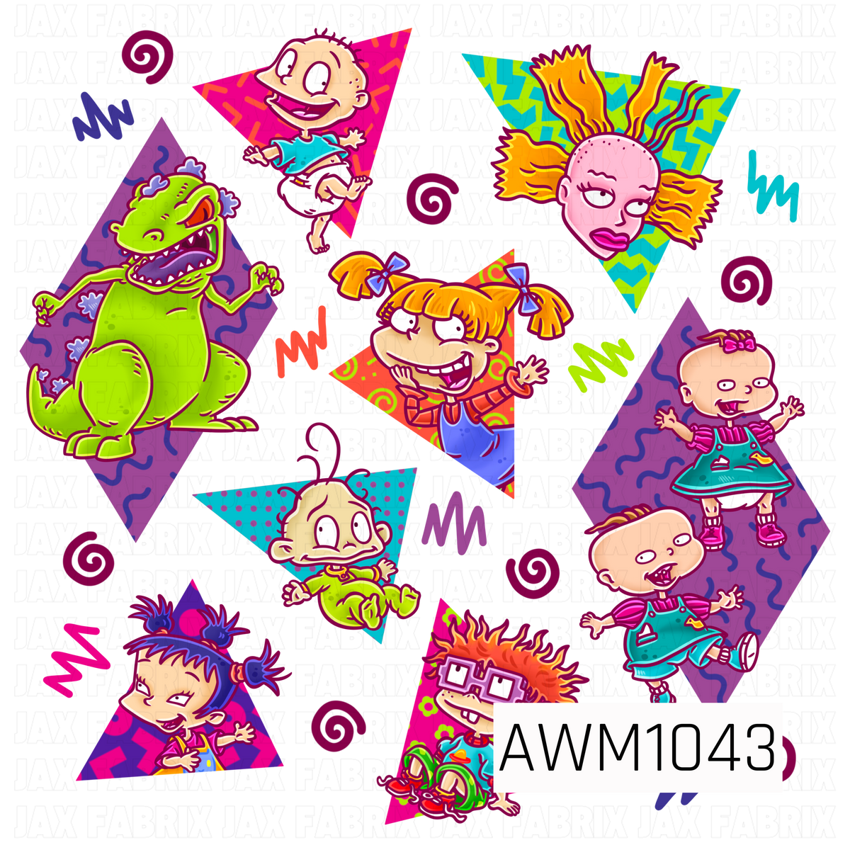 A fun, nostalgic Rugrats PNG featuring beloved cartoon characters including Tommy, Chuckie, Angelica, Phil, Lil, Susie, Cynthia, and Reptar. Each character is displayed against colorful geometric shapes in vibrant shades of hot pink, purple, teal, lime green, and orange. Playful squiggles, spirals, and bold retro patterns complete this bright, 90s-inspired design.