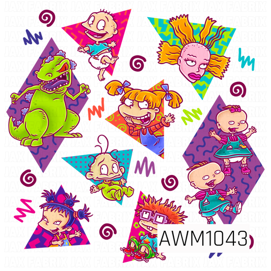 A fun, nostalgic Rugrats PNG featuring beloved cartoon characters including Tommy, Chuckie, Angelica, Phil, Lil, Susie, Cynthia, and Reptar. Each character is displayed against colorful geometric shapes in vibrant shades of hot pink, purple, teal, lime green, and orange. Playful squiggles, spirals, and bold retro patterns complete this bright, 90s-inspired design.