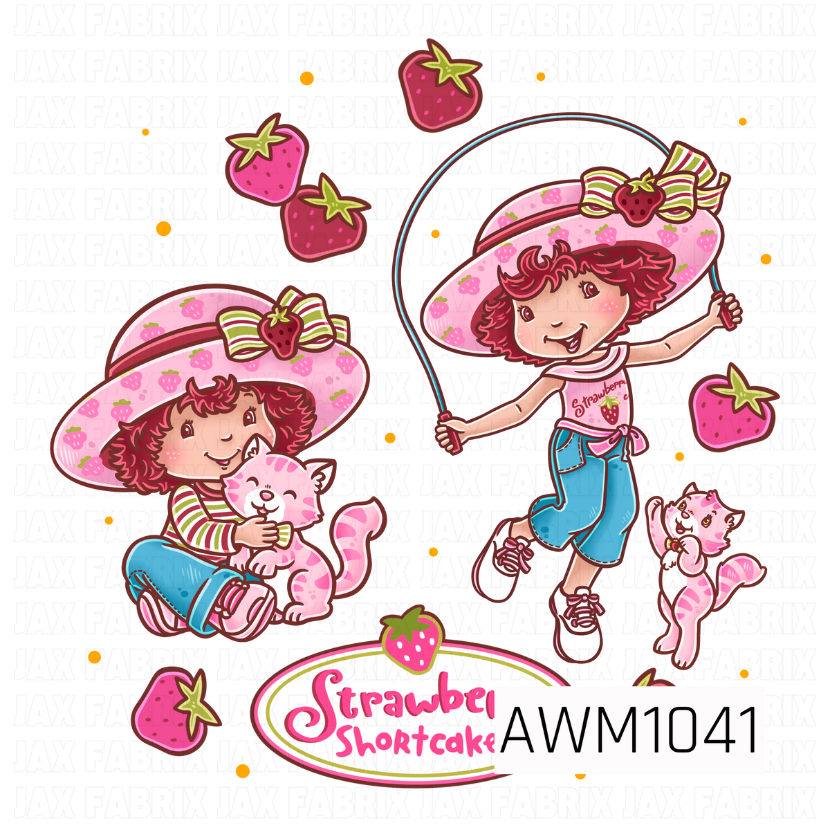 A sweet, nostalgic Strawberry Shortcake PNG featuring the adorable red-haired girl in her signature pink strawberry-print hat, striped outfits, and blue jeans. The design shows her cuddling her pink kitten and happily jumping rope, surrounded by juicy pink strawberries, delicate white daisies, and the classic Strawberry Shortcake logo. Soft pinks, berry reds, and pops of green give this design a charming vintage feel.