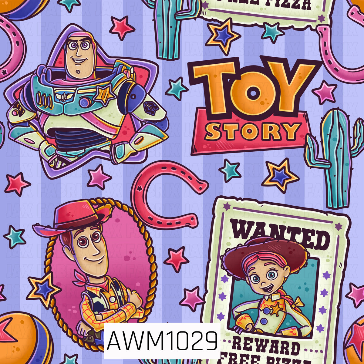 A colorful retro toy-inspired pattern featuring a space ranger, cowboy, and cowgirl surrounded by western and space-themed details. Horseshoes, cacti, wanted posters, stars, planets, and bold accents are scattered across a soft purple striped background.