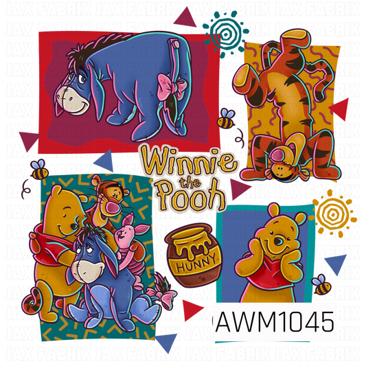 A colorful, retro-inspired Winnie the Pooh PNG featuring Pooh, Eeyore, Tigger, and Piglet in playful poses. Bold geometric shapes, funky squiggles, scattered triangles, buzzing bees, and whimsical sunbursts surround the characters in shades of mustard yellow, teal, dusty blue, red, and purple. A sweet honey pot and vintage-style Winnie the Pooh lettering complete this fun, nostalgic design.