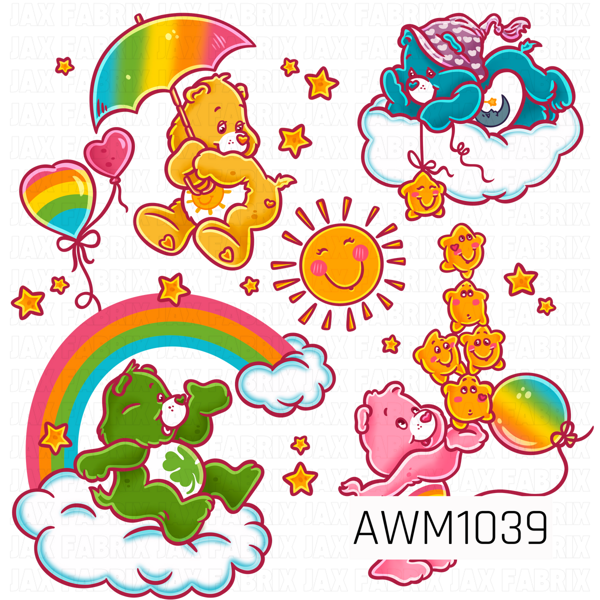 A colorful retro-inspired Care Bears PNG featuring adorable bears floating on fluffy clouds, playing beneath rainbows, and holding colorful balloons and umbrellas. Bright shades of pink, yellow, green, orange, and teal bring this whimsical design to life, surrounded by smiling suns, cheerful stars, and playful little characters for a sweet, nostalgic feel.