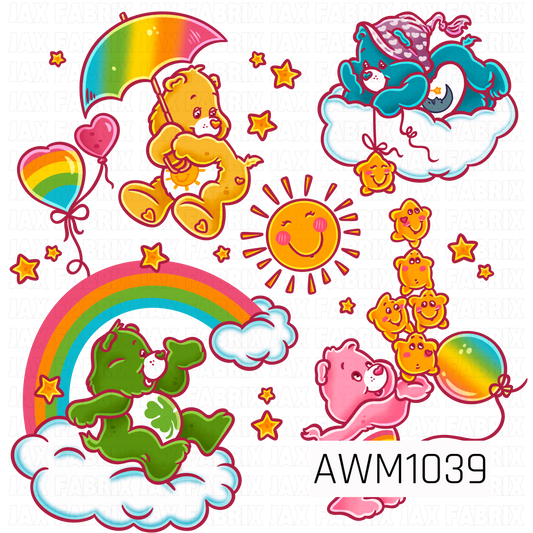 A colorful retro-inspired Care Bears PNG featuring adorable bears floating on fluffy clouds, playing beneath rainbows, and holding colorful balloons and umbrellas. Bright shades of pink, yellow, green, orange, and teal bring this whimsical design to life, surrounded by smiling suns, cheerful stars, and playful little characters for a sweet, nostalgic feel.