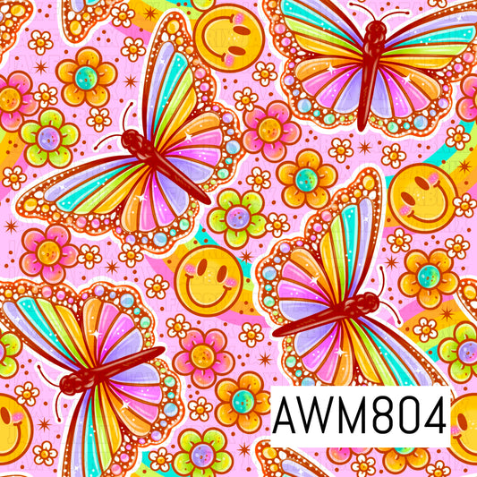 A cheerful retro-inspired seamless pattern featuring vibrant rainbow butterflies with jeweled wings, colorful daisy flowers, smiling faces, tiny blossoms, and sparkling stars scattered across a soft pink background. Bright pastel hues and whimsical details create a fun, groovy design perfect for spring, summer, and playful crafting projects.