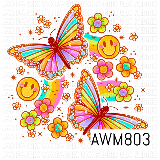 A cheerful retro-inspired seamless pattern featuring vibrant rainbow butterflies with jeweled wings, colorful daisy flowers, smiling faces, tiny blossoms, and sparkling stars scattered across a soft pink background. Bright pastel hues and whimsical details create a fun, groovy design perfect for spring, summer, and playful crafting projects.