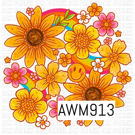 Bright retro floral PNG featuring cheerful sunflowers and blooming flowers in vibrant shades of golden yellow, orange, pink, and white. Accented with rainbow arches, smiley faces, tiny blossoms, stars, and leafy details, this playful design captures a fun 70s-inspired aesthetic with bold outlines and a sunny, feel-good vibe on a transparent background.