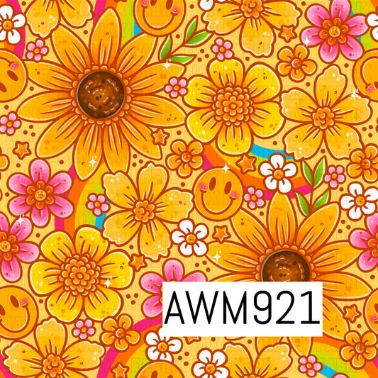 This file features a vibrant retro floral pattern filled with oversized sunflowers, daisies, and whimsical blooms in warm shades of yellow, orange, pink, and white. Smiley faces, rainbow accents, sparkles, and scattered floral details add a cheerful 1970s-inspired vibe against a soft golden background. The bright, groovy aesthetic makes this design perfect for boho, hippie, summer, and retro-themed fabric, bow, and accessory projects.