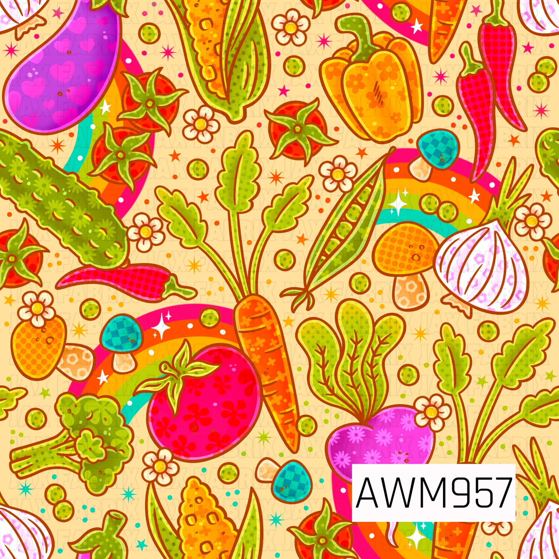 A vibrant and whimsical design featuring an assortment of colorful garden vegetables, including tomatoes, carrots, corn, peppers, peas, beets, broccoli, onions, mushrooms, and leafy greens. Bright rainbow accents, delicate flowers, and playful details create a cheerful farmer’s market and cottage garden aesthetic. Perfect for gardeners, homesteaders, farm stands, produce lovers, and fresh-from-the-garden themed creations.
