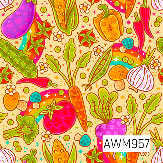 A vibrant and whimsical design featuring an assortment of colorful garden vegetables, including tomatoes, carrots, corn, peppers, peas, beets, broccoli, onions, mushrooms, and leafy greens. Bright rainbow accents, delicate flowers, and playful details create a cheerful farmer’s market and cottage garden aesthetic. Perfect for gardeners, homesteaders, farm stands, produce lovers, and fresh-from-the-garden themed creations.
