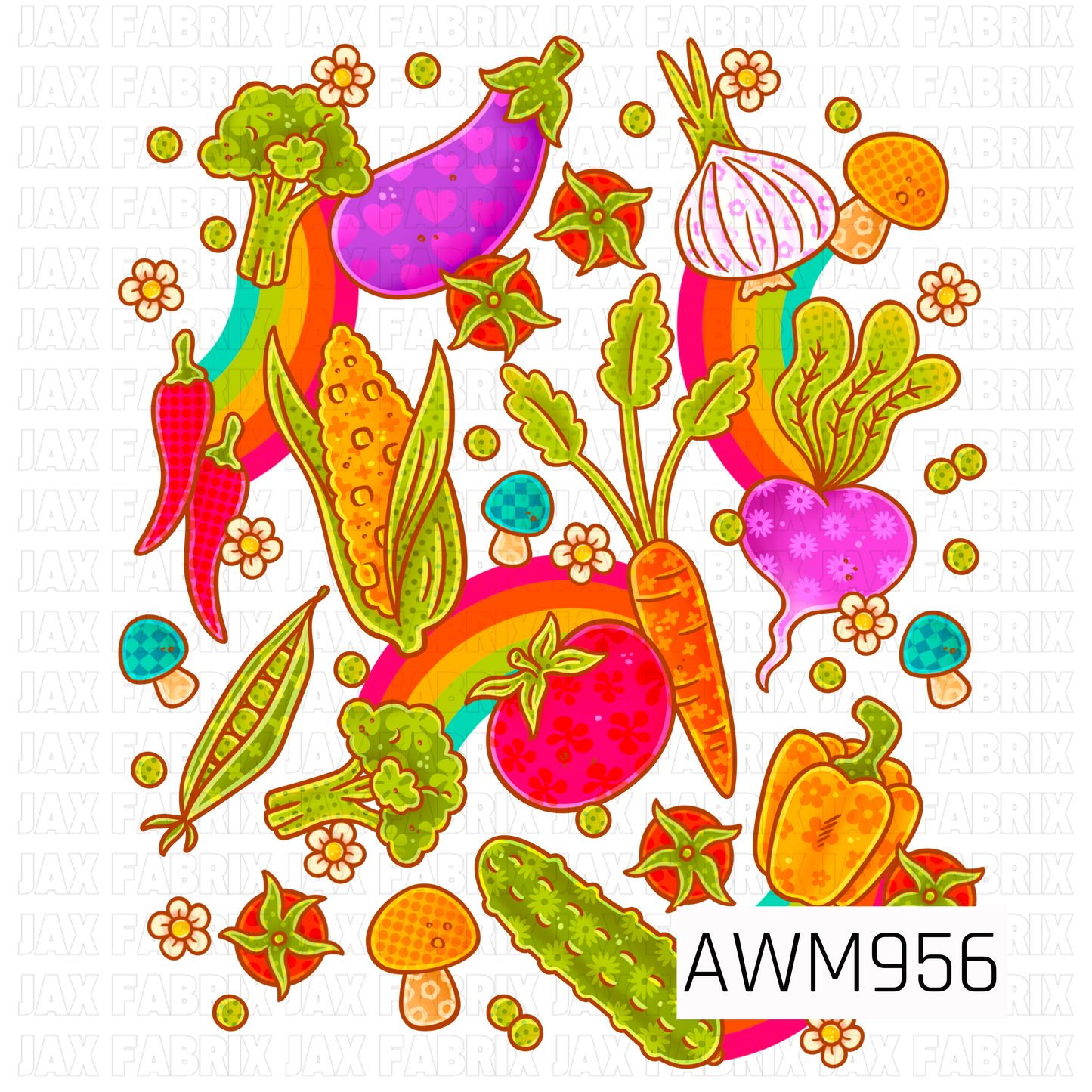 A bright and whimsical sublimation design featuring a colorful collection of garden vegetables including tomatoes, carrots, corn, peppers, peas, beets, broccoli, onions, mushrooms, eggplant, and cucumbers. Vibrant rainbow accents, flowers, and playful details create a cheerful farmer's market and cottage garden aesthetic. Perfect for gardeners, homesteaders, kitchen décor, tote bags, tumblers, aprons, and fresh-from-the-garden gifts.*
