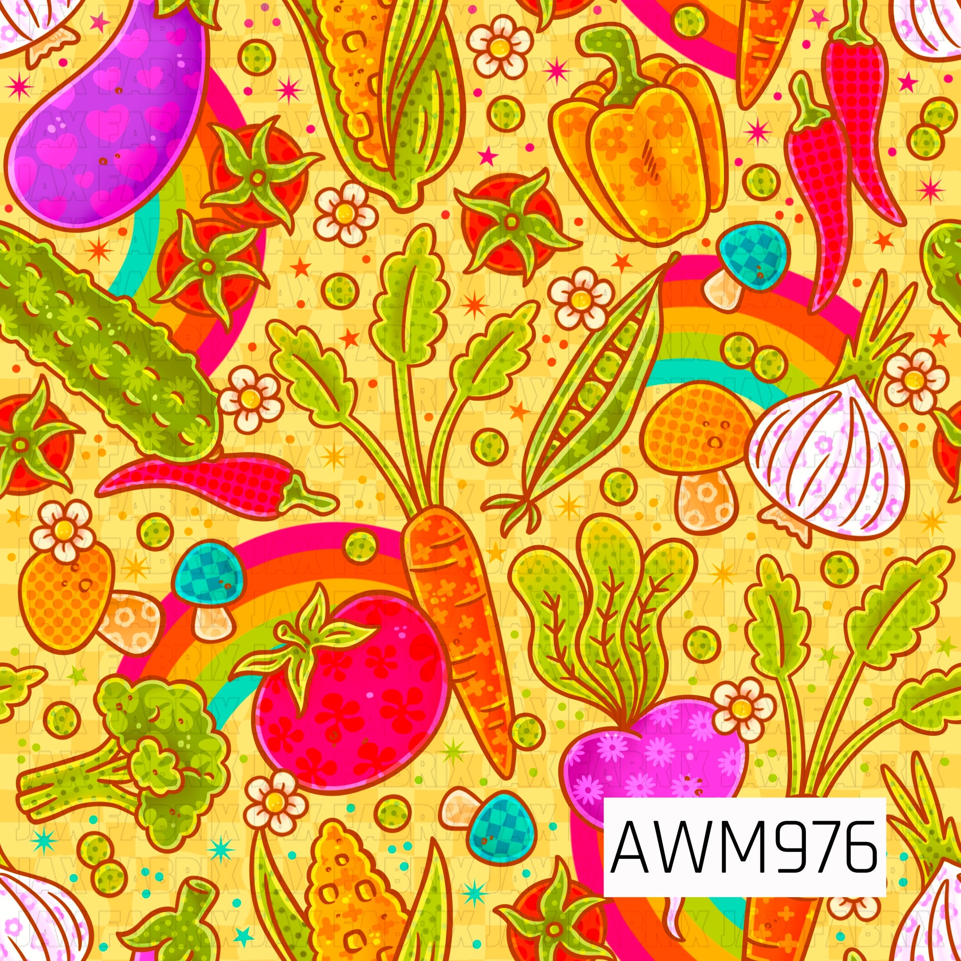 This vibrant seamless pattern features a colorful collection of retro-inspired vegetables and garden favorites on a cheerful yellow checkered background. The design includes carrots, tomatoes, peppers, corn, peas, broccoli, onions, beets, leafy greens, mushrooms, and pickles, accented with rainbows, flowers, and playful decorative details. 