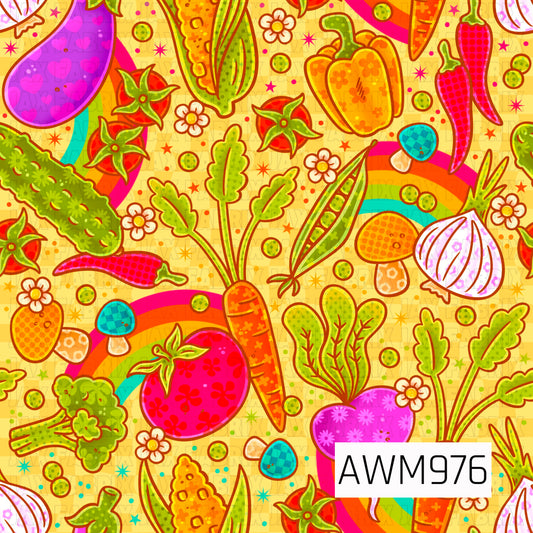 This vibrant seamless pattern features a colorful collection of retro-inspired vegetables and garden favorites on a cheerful yellow checkered background. The design includes carrots, tomatoes, peppers, corn, peas, broccoli, onions, beets, leafy greens, mushrooms, and pickles, accented with rainbows, flowers, and playful decorative details. 