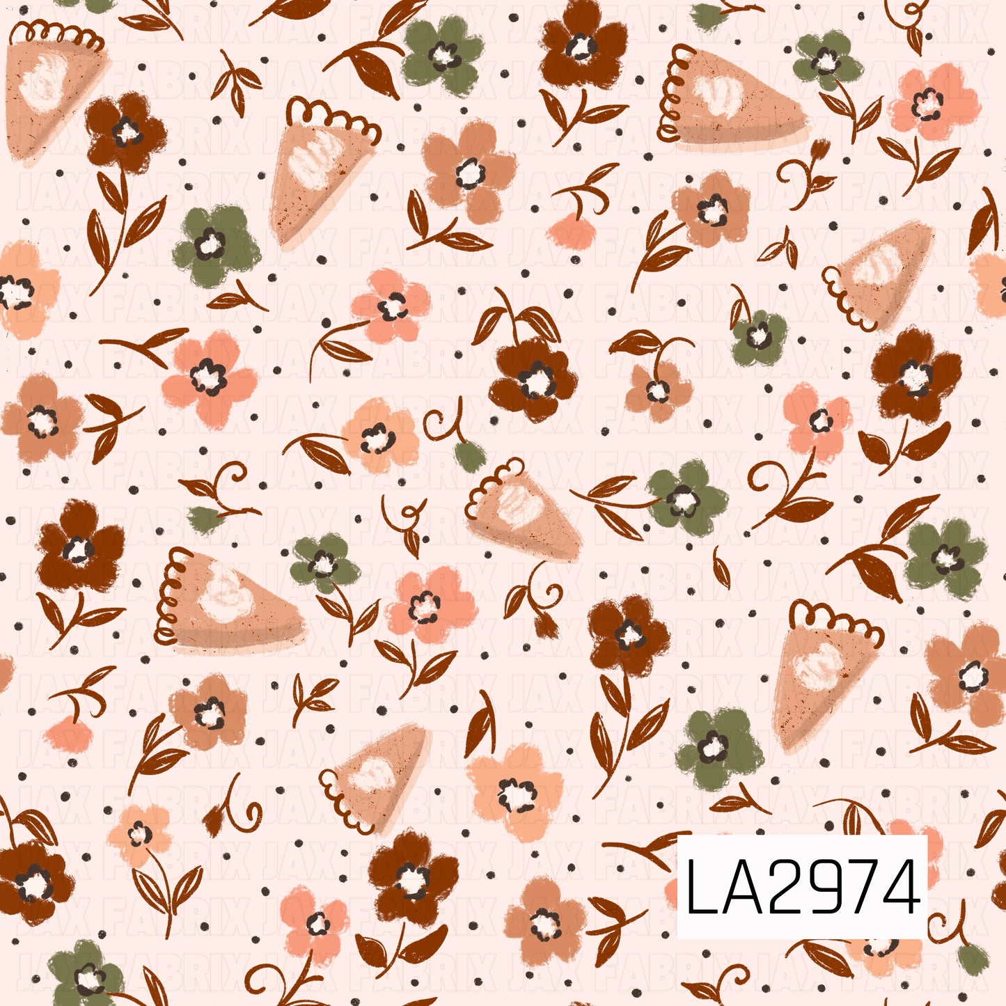 A sweet seamless pattern featuring hand-painted pumpkin pie slices paired with scattered vintage-inspired florals on a soft cream background. Warm shades of rust, peach, blush, and muted olive are accented with delicate vines and tiny black dots, creating a cozy, nostalgic fall design with a charming farmhouse feel.
