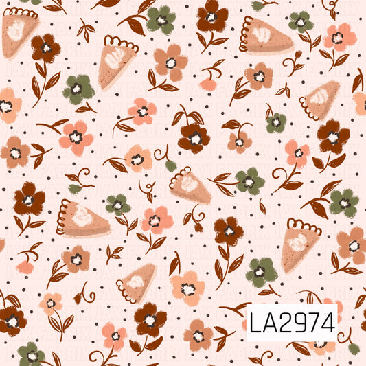 A sweet seamless pattern featuring hand-painted pumpkin pie slices paired with scattered vintage-inspired florals on a soft cream background. Warm shades of rust, peach, blush, and muted olive are accented with delicate vines and tiny black dots, creating a cozy, nostalgic fall design with a charming farmhouse feel.
