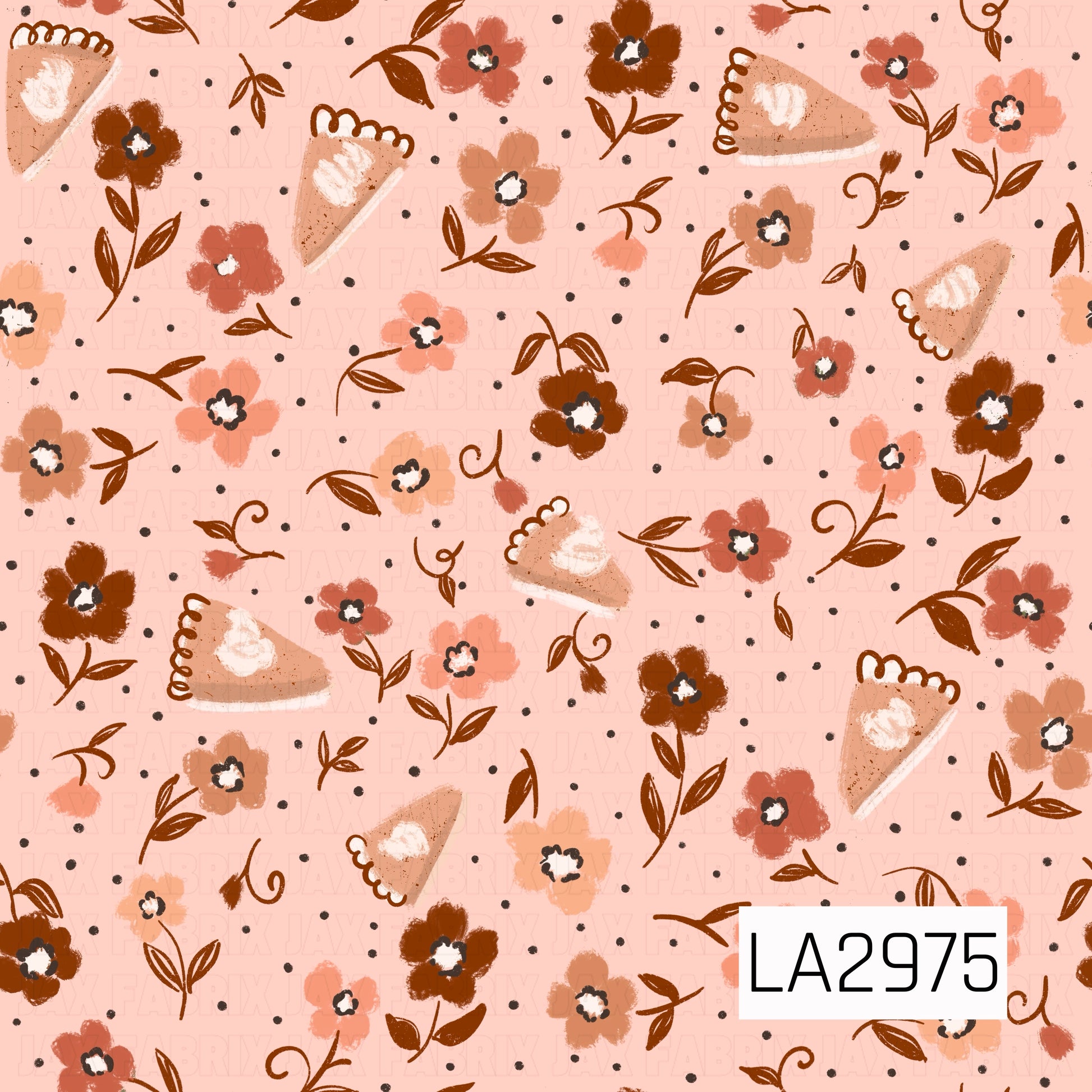 A charming seamless pattern featuring hand-painted pumpkin pie slices nestled among scattered autumn florals on a warm peach background. Soft coral, rust, blush, and warm brown blooms are accented with delicate vines and tiny black dots, creating a sweet vintage-inspired design full of cozy fall charm.
